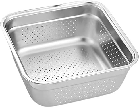 Stainless Steel Mesh Strainer Colander Basket for Rice, Vegetable Washing, and Draining - 9.84 Inch Square, Silver, Dishwasher Safe, Easy Storage for Kitchen Use