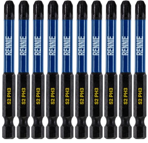 10 x Rennie Tools 75mm Long PH3 Impact Screwdriver Driver Bits Set | Magnetic Phillips No.3 Heavy Duty Impact Driver Bit Set. Long PH3 Bits.