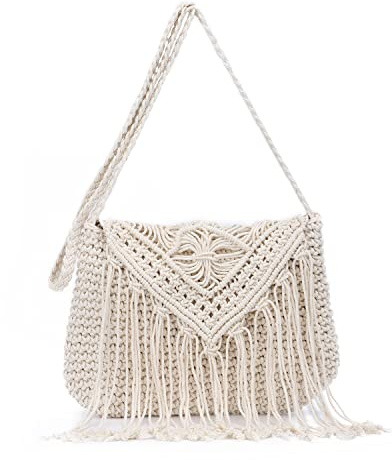EVEOUT Bolso de hombro de punto Retro para mujer Bolsos bandolera con flecos Carteras de mano y clutches playa tejidos bohemios para niña