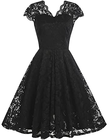 Odizli Rockabilly Kleider Damen 50er Jahre Vintage Elegant Sommer Kurzarm V-Ausschnitt Spitzenkleid A-Linien Knielang Swing Coctailkleid Festlich Hochzeit Hochzeitsgäste Kurz Abendkleid Schwarz S