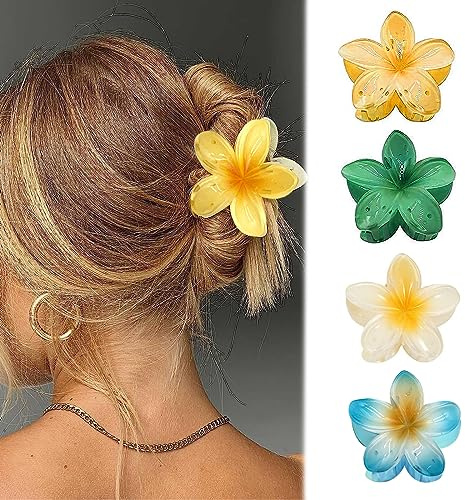 IOSPKKIO® 4 Stück Blumen-Haarklammern, starker Halt, große Krallenklammern für Dickes Haar, rutschfeste Haarklammern, hawaiianische Blumen-Klauenklammern, Stilvoll