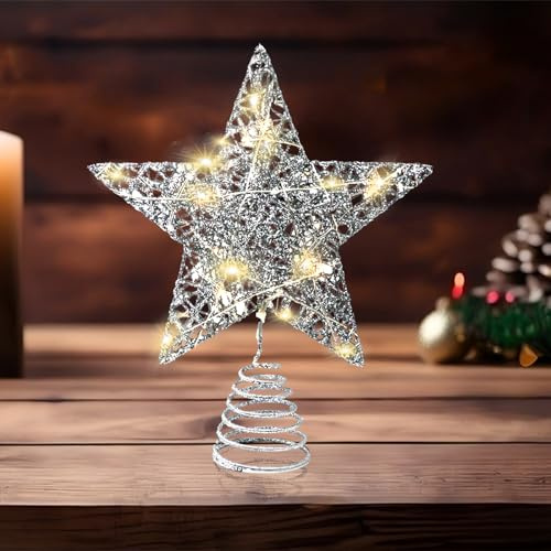 Glitter Christmas Tree Topper Decorations, Christmas Tree Star Topper Xmas Hollow Star Treetop Toppers with LED Lights Treetop Ornaments for Christmas Tree Holiday Decorations