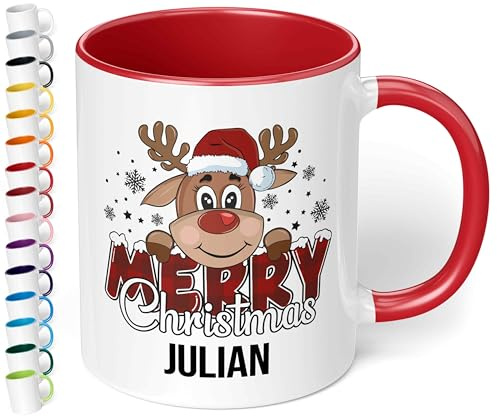 True Statements Weihnachtstasse mit Namen personalisiert „Merry Christmas“ - mit Rentier-Motiv - 330ml Keramik Kaffeebecher mit Spruch – Geschenk für Kollegen & Familie (Rot)