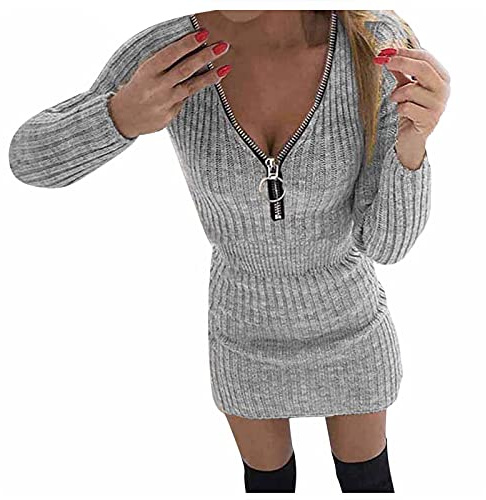 Vestido de otoño para mujer, sexy, manga larga, cuello de pico, vestido de punto con cremallera, tira de botones, vestido ajustado, vestido envolvente, minivestido de línea A