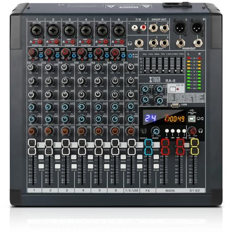 XTUGA RA-8 Audio Mixer Table de Mixage Mélangeur Audio Professionnelle, Console de Mixage 8 Canaux Avec Bouton Muet Egaliseur 7 Bandes Bluetooth MP3