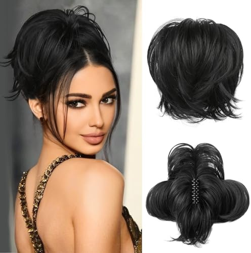 REECHO Messy Bun Hair Piece - Claw Clip Short Ponytail Extension with Bendable Metal Wire Fake Hair Pieces for Women - Black