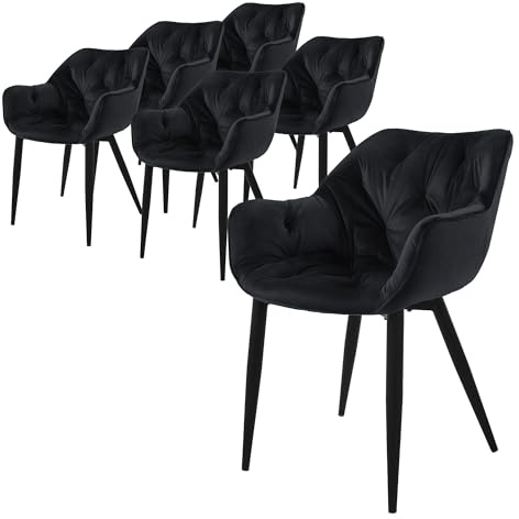 ML-Design Matstolar set om 6 svarta, köksstol med tjock sammetsklädd sits, metallben, vardagsrumsstol med rygg och armstöd, quiltad stoppad stol, ergonomisk fåtölj