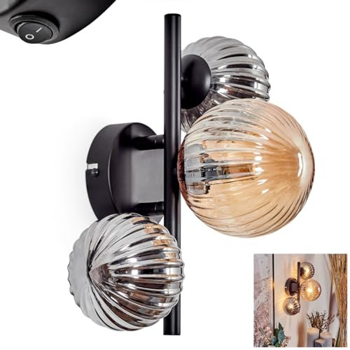 Wandleuchte Chehalis, Wandlampe aus Metall/Riffelglas in Schwarz/Rauch/Bernstein, Leuchte im Retro/Vintage-Design, Schirme aus Glas (Ø 10, 12cm) u. An/-Auschalter am Gehäuse, 3x G9, ohne Leuchtmittel
