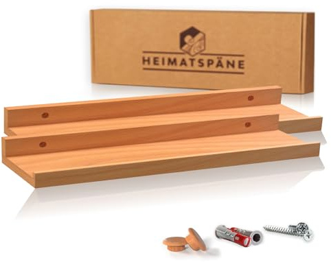 Heimatspäne 2er-Set Bilderleiste Kernbuche 60cm - Wandregal Holz [inkl. Schraubenabdeckungen aus Echtholz] Regalbrett Holz als Wandboard oder Schweberegal