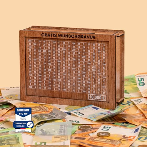 personalisierte Spardose 10.000€ – SparBox 6 Größen - Zahlen zum Ankreuzen | mit Wunschgravur, wiederverwendbar, 6 versch. Größen, mit Zahlen zum Ankreuzen, fertig aufgebaut, für Kinder & Erwachsene