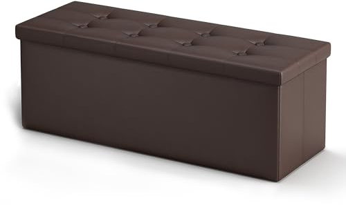 LITZFUR 43 Inches Folding Storage Ottoman Bench, PU Leather Storage Chest, Footrest Padded Seat for Bedroom and Hallway, Holds up to 660 lbs, Brown