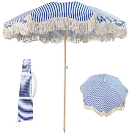 Sljovexity Strandschirm 200cm Mit Fransen, Sonnenschirm Terrasse Boho Fransenschirm Neigbar, Sonnenschirm Balkon UV Schutz 50+ Mit Knickfunktion, Tragbar Tischschirm Ohne Ständer, Für Freibad