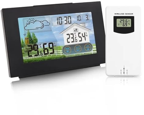 Estación meteorológica digital, Estación meteorológica inalámbrica pronosticador termómetro interior exterior higrómetro con Sensor pantalla táctil a Color despertador calendario, visualización de da