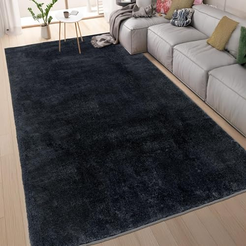homeart Area Rugs – Soft, Short Pile Monochrome Carpets - Anti-Slip Backing, Machine Washable, Modern Fluffy Rugs for Living Room, Bedroom, Kitchen, Enterance - Black, 80x150 cm