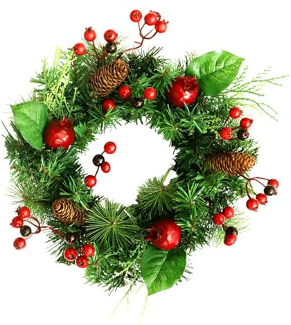 Corona natalizia per porta d'ingresso, bacche rosse, aghi di pino, pigne, corona di Natale artificiale per porta d'ingresso, decorazione da parete natalizia all'aperto decorazione natalizia