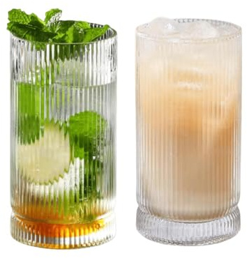 Vasos altos de cristal acanalado, cristalería para beber, vasos de agua para bar, hogar, vasos de vidrio altos para café, hielo, jugo, cerveza, cóctel, 2 unidades