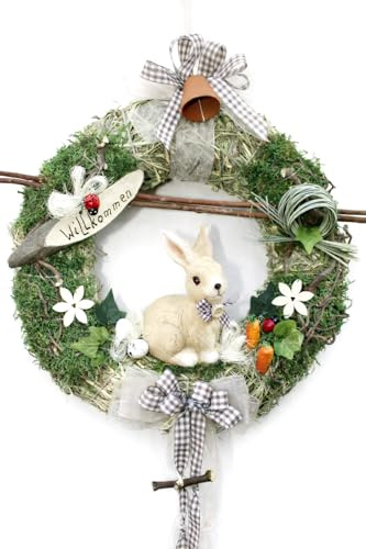 Türkranz Osterkranz D32 EIN Hase Creme/Natur | für Tür und Wand, Handgefertigt in Deutschland, Mit Schleife und Willkommen-Schild