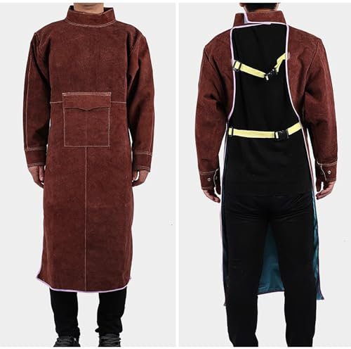 Grembiule da Saldatore in Pelle Bovina antifiamma Lungo Cappotto Protettivo Abbigliamento Tuta Saldatore Pelle Resistente,Marrone,120cm