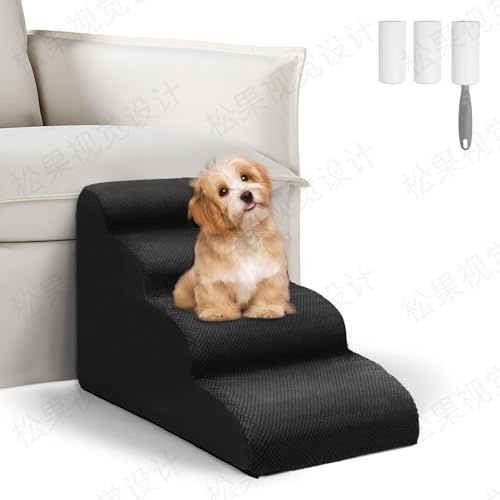 Vikcvcsc Scaletta per Cani 4 Gradini, Rampa Per Animali Domestici Rimovibile Lavabile, Scala per Cani Gatti per Divano e Letto, Regala Rullo Togli Peli Animali, Nero