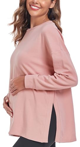 Love2Mi Women’s Maternity Tops Long Sleeve Loose Fit Maternity T-Shirt Split Side Breastfeeding Top Maternity Clothing Dusty Pink