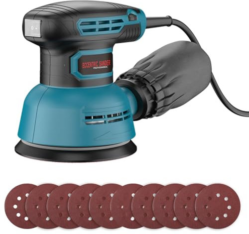 Levigatrice orbitale elettrica da 125 mm, 300 W, levigatrice a 6 marce, per lavorazione del legno con 10 carta vetrata P80, contenitore per la raccolta della polvere, smerigliatrice per lucidatura del