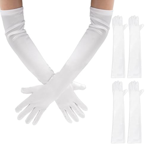 NYTGAH 2 Paar Lang Handschuhe Weiße,Satin Lange Handschuhe Damen,Klassisches Weiß Lang,Seidenhandschuhe Geeignet für Halloween,Rave-Party,Maskerade,Oper,Hochzeit(Weiß)
