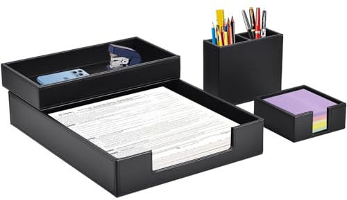 XNONE Lot de 4 fournitures de bureau/organisateur de bureau comprenant un bac à papier à lettres en cuir synthétique, un porte-notes, un pot à stylos, un trieur de courrier empilable, un