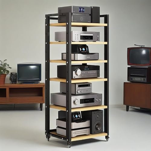 6-Tier AV Media Stand with Wheels, Adjustable Corner Display Cabinet for Entertainment and Audio-Video Equipment