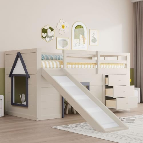 PUGSDRLY Lit Mezzanine Enfant 90x200cm avec Toboggan et 3 Tiroirs de Rangement,Lit Enfant 1 Place avec échelle et 2 Portes,Sommier à Lattes,Cadre en Bois,Crème (90x200)
