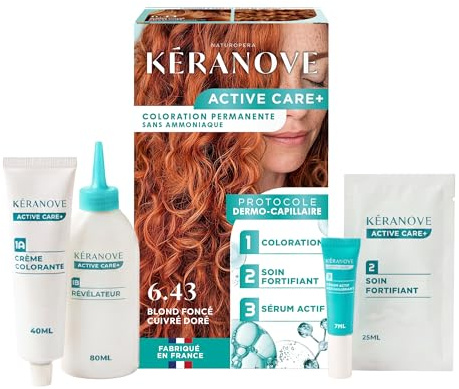 KERANOVE - Coloration Permanente Dermo-Capillaire Sans Ammoniaque - Odeur douce - Kératine végétale et Prébiotiques - 6.43 Blond Foncé Cuivré Doré