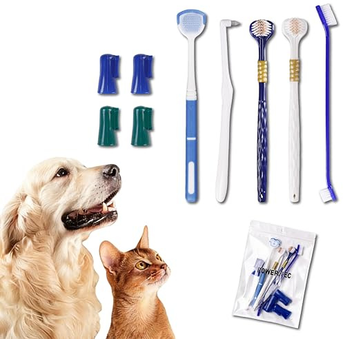9 Pcs Pets Toothbrush Set,Tongue Brush, Silicone Puppy Tooth Brush,Triple Headed Dog Toothbrushes,Interdental Brushes,Removing Tartar and Freshening Breath, Dogs, Cats and Other Pets.