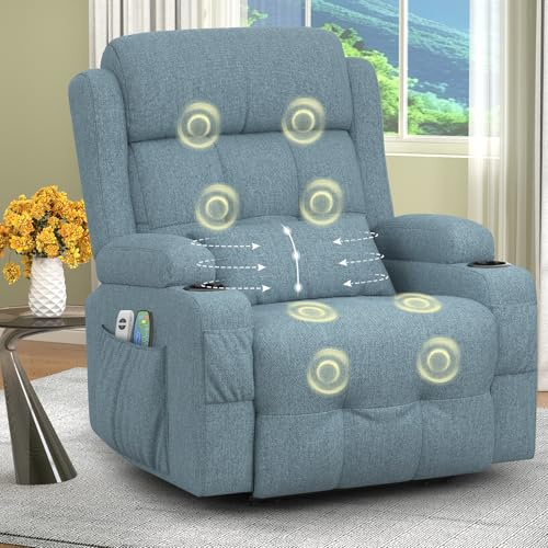 SQUEBILIFE Recliner Chair For the Elderly with Massage & Heat, Extended Footrest, USB+Type C Ports, Padded Recliners Cushion Backrest, Dual Cup Holders Side Pockets Comfy Recliner Armchair Lounge Sofa