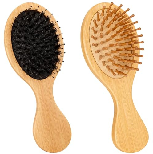 2 Stück Bamboo Haarbürste Klein, Haarbürste Klein, Sanfte Kopfhautpflege, Kopfhaut Massagebürste Bambus Bürste Kleine Bambusbürste Kopfhautbürste Mit Griff Design für Frauen Antistatische