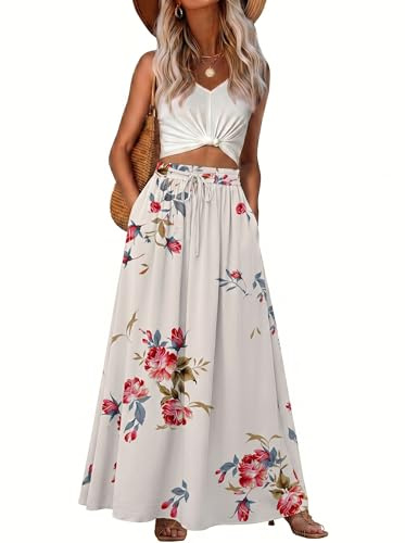 GRECERELLE damkjol, sommar, långa boho-kjolar, A-linje, sommarkjol, elegant maxikjol, strandklänningar, lång flödande kjol med ficka, lätt och luftig, Rosévit, L