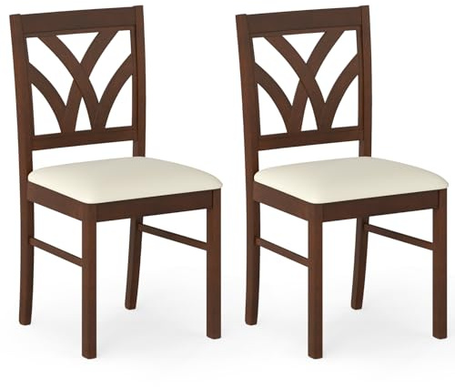 Giantex Wooden Dining Chairs Set of 2, Farmhouse Upholstered Kitchen Chairs with Solid Rubber Wood Frame, Hollowed Backrest & Soft Padded Seat, Armless Accent Side Chairs for Dining Room, Brown