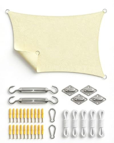 Vela de Sombra Rectangular 3x4m con Kit de Instalación, HDPE Impermeable y Antidesgarro, Protección UV, Resistente al Viento, Incluye Accesorios, Balcón, Jardín o Patio, Beige