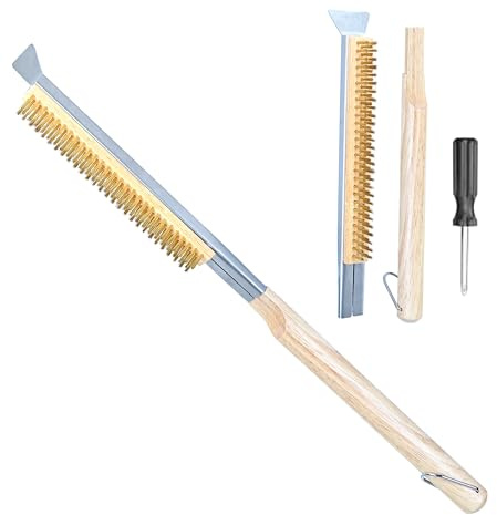 Brosse de Four à Pizza avec grattoir en Acier Inoxydable, 53 cm de Long, Brosse de Barbecue avec Poils en Laiton, poignée en Bois avec œillet de Suspension, Brosse de Nettoyage pour Fours à Pizza