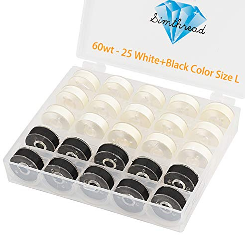 Simthread 25 Stück 15 weiß + 10 schwarz vorgewickelte Spulenfaden Größe A Klasse 15 (SA156) 60WT mit transparenter Aufbewahrungsbox aus Kunststoff 70D/2 (Schwarz,Weiß)