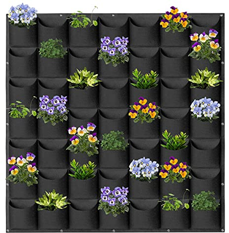WHATWEARS Hängende Pflanztaschen, 49 Taschen, vertikale Wandmontage, Pflanztasche, Gartenarbeit, vertikale Begrünung, Blumenbehälter, Pflanztasche, Aufbewahrungstaschen (1 m x 1 m, schwarz)