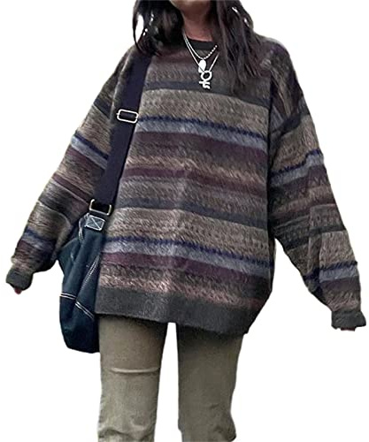 Women Y2K Argyle Striped Pullover Sweater Casual Long Sleeve Round Neck Vintage Preppy Style Pullover Knitwear(Gray-1,XL)