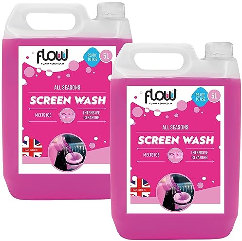 Flow 10 Litre Pink Ready To Use Screenwash | All Seasons Formula | Effective down to -5°C | Streak Free Finish (10 Litre)