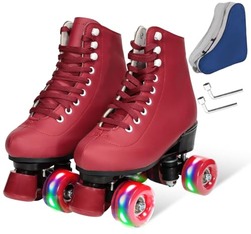 Wiwiy Roller Skates for Women Men,with Leather High Top Four Shiny Wheel Roller Skates Wine Red, for Beginner Indoor Outdoor(Women's 8.5 / Men's 7.5)
