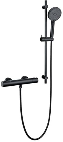 DETBOM Miscelatore Termostatico con Set Asta doccia, Miscelatore per Doccia con Pulsante di Sicurezza Antiscottatura a 38°C (Asta Doccia, Doccetta 3 Funzioni, 1,5m Flessibile, Supporto Soffione) -Nero