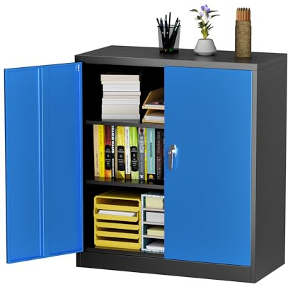SUPEER 90cm H Aktenschrank,Metallschrank mit 2 höhenverstellbaren Fachböden,Stahlblech Pulverbeschichtung,Stahlschrank für Werkzeuge,Garage（schwarz/blau）
