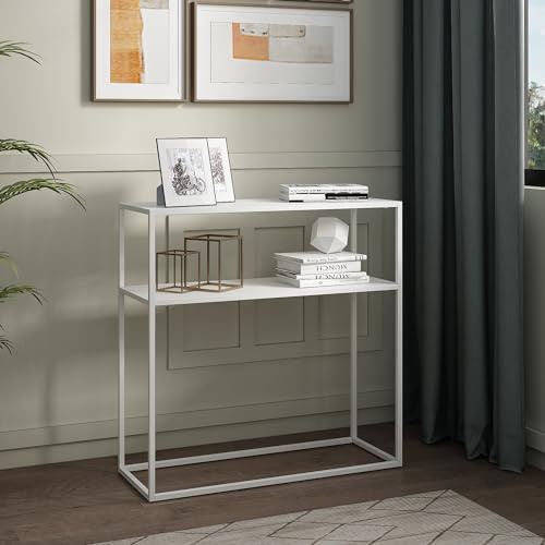 [en.casa] Tavolo a Consolle in Metallo Mobile da Ingresso Corridoio 80 x 80 x 30 cm Consolle Stretto con 2 Piani di Appoggio - Bianco