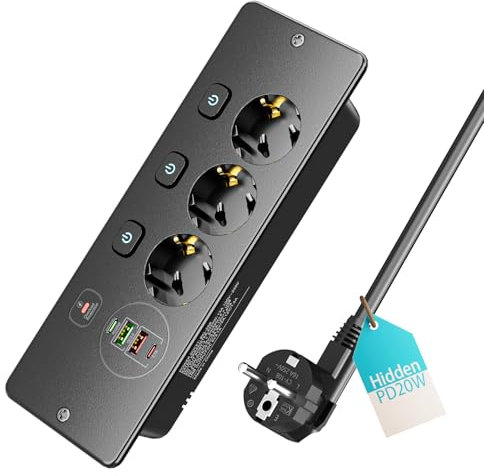 3 Fach Einbau Steckdosenleiste mit Individuellem Schalter,Tischsteckdose Mehrfachsteckdose mit 2 USB A und 2 USB C, Versenkte Steckdose mit Überlastschutz,1.8M Kabel,Schwarz