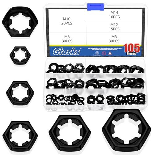 Glarks 105pcs M6 M8 M10 M12 M14 Push On Lock Nuts Assortment Kit, 65Mn Steel External Push Rings Nuts, Quick Speed Locking Nut, Internal Tooth Star Lock Nut for Shaft and Stud