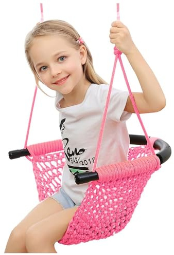 Swing Seat For Kids，Little Swing Set，Hand-Knitting Toddler Swing With Adjustable Ropes, Rope Play Swing Set For Tree, Outdoor Indoor, Playgroun(Pink)