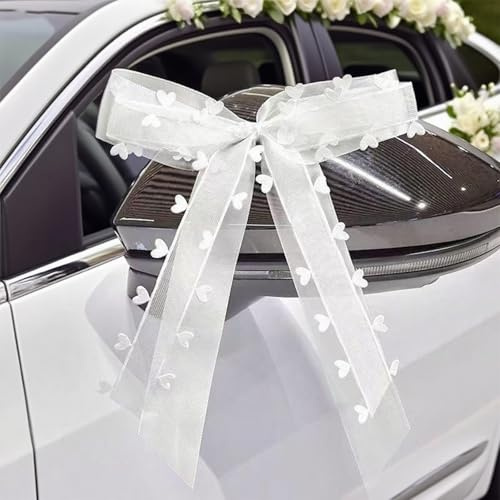 AMSGANK Autoschleifen Hochzeit Autoschmuck, 20 Stück Hochzeitsdeko Auto Weiße Schleifen mit Herzen Spitze Schleifenband Hochzeitsschleifen für Brautauto, Geschenk, Hochzeitsfeier