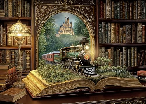 Magic Books Train Puzzles for Adults 1000 Pieces Nature Pretty Library Art Fantasy Bookshelf Landscape Jigsaw Puzzle Impossible Aesthetic Hard Difficult Challenging Puzzles as Family Game